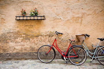 Fototapeta na wymiar picturesque scene with bicycles, Copenhagen, Denmark