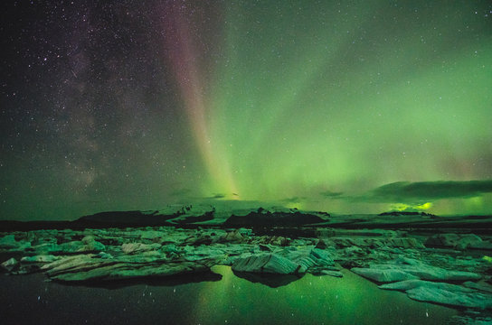Northern lights over the ice lagoon, Iceland