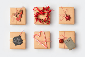 Christmas gift boxes with homemade wrapping ideas.View from above. Flat lay