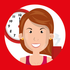 woman clock cup coffee vector illustration design