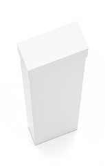 White tall thin vertical rectangle blank box with cover from top angle.