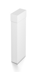 White tall thin vertical rectangle blank box with cover from top far side angle.