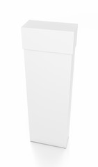 White tall thin vertical rectangle blank box with cover from top front side angle.
