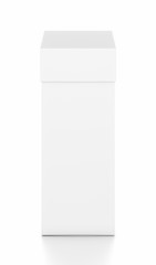 White vertical rectangle blank box with cover from top front angle.