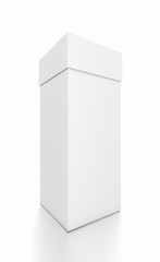 White vertical rectangle blank box with cover from front side angle.