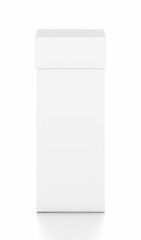 White thin vertical rectangle blank box with cover from top front angle.