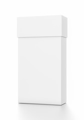 White thin vertical rectangle blank box with cover from front far side angle.