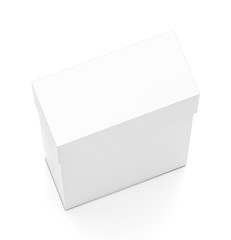 White thin vertical rectangle blank box with cover from top angle.
