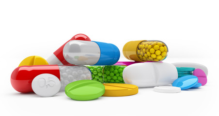 Bunte, farbenfrohe Medikamente - Tabletten, Pillen, Kapseln - Textfreiraum - happy pills - obrazy, fototapety, plakaty