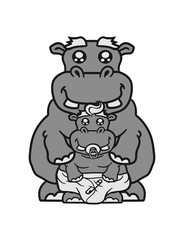 papa mama family offspring parent baby pacifier little funny sweet cute thick comic cartoon hippo hippopotamus fat