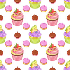 Strawberry chocolate and blueberry lemon cupcakes and meringues vector seamless pattern.