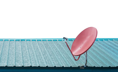 Red satellite dish on roof isolated on white