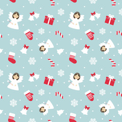Christmas Seamless Pattern with Angel, Mittens, Bells and Snowflakes.