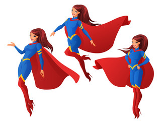 Vector set of women in blue and red superhero outfit in three different poses. © maia3000