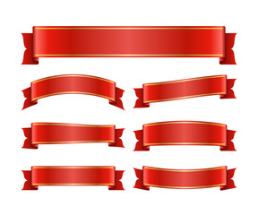 Red ribbons set. Satin blank banners collection. Design label scroll blanks element, isolated on white background. Empty template for greeting or advertising. Symbols decoration. Vector illustration.