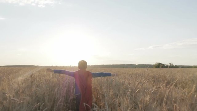 Boy with a superman cape stands in a golden fields looking to the horizon