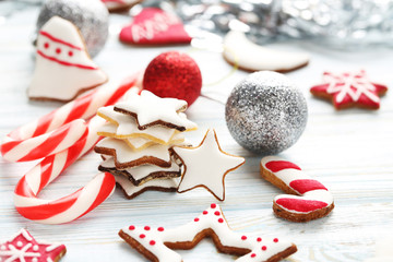 Christmas cookies on a blue wooden table