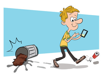 man using smartphone while walking.