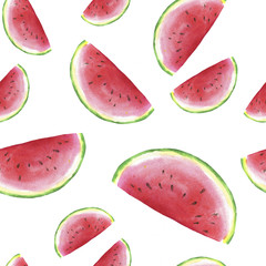 Seamless pattern with watermelon pieces painted by watercolor. Hand drawn illustration.