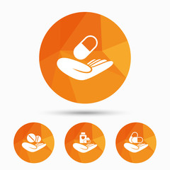 Helping hands icons. Medical health insurance.