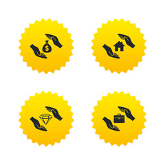 Hands insurance icons. Money savings sign.