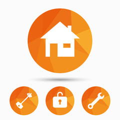 Home key icon. Wrench service tool symbol.