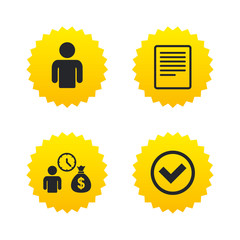 Bank loans icons. Fill document and get money.