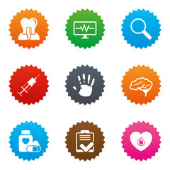 Medicine, medical health and diagnosis icons.