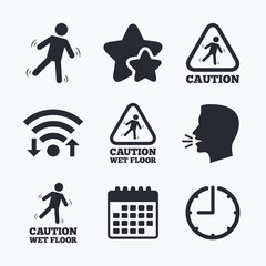 Caution wet floor icons. Human falling signs.