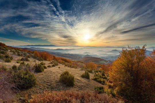 Mountain landscape in autumn at sunrise