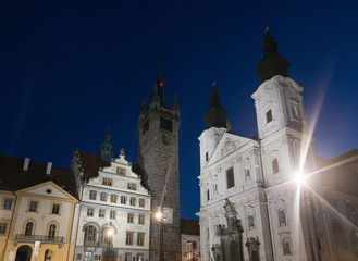Fototapeta na wymiar Klatovy city main square Black tower and church with catacombs, Czech republic
