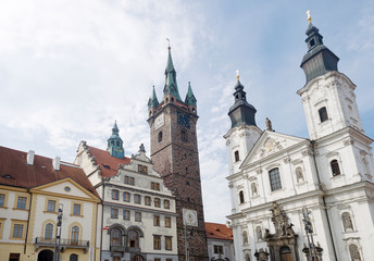 Klatovy city main square Black tower and church with catacombs, Czech republic