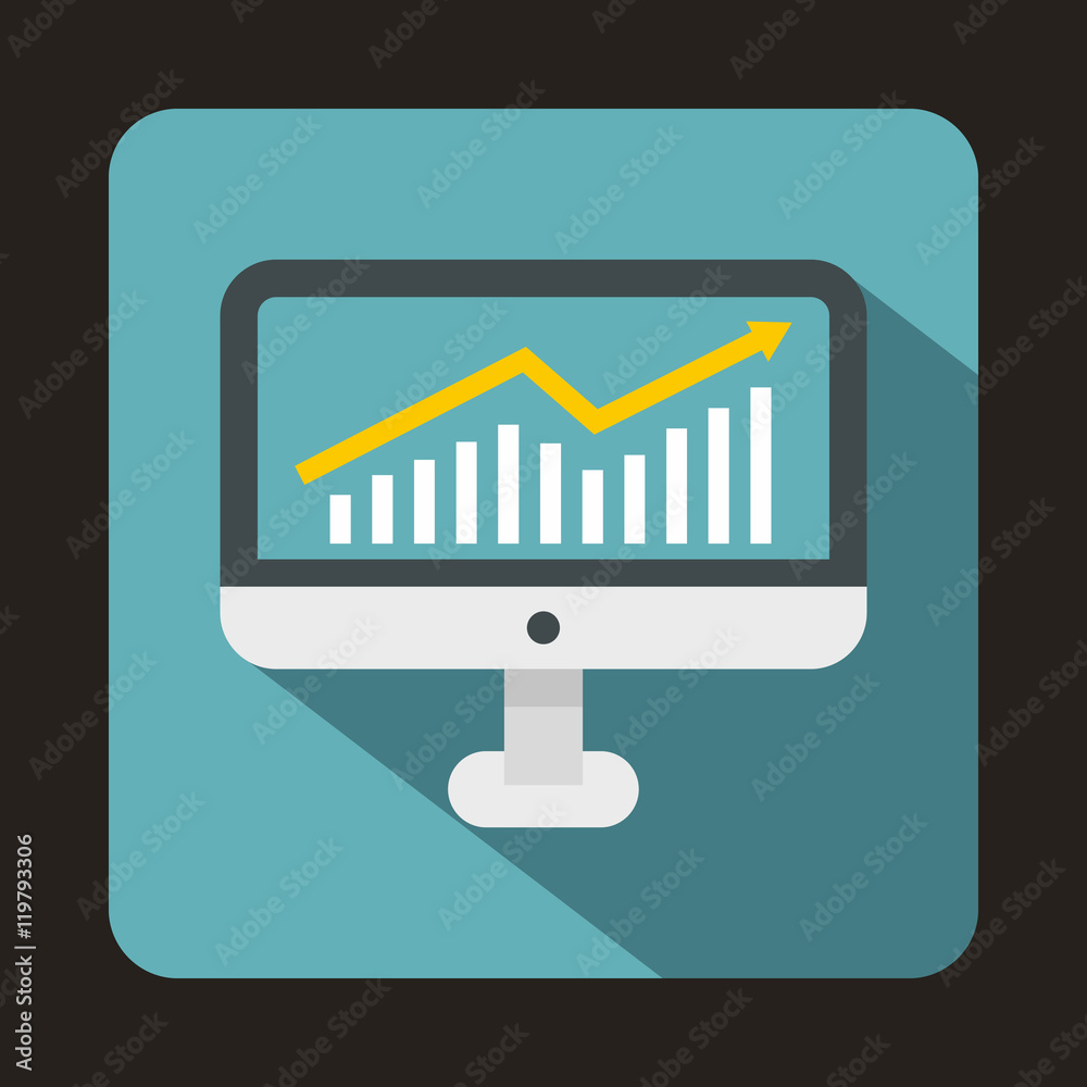 Poster graph on computer screen icon in flat style isolated with long shadow