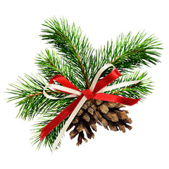 Christmas decoration with pine twigs, cones and ribbon bow