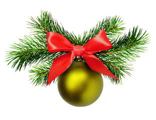 Christmas decoration with pine twigs, green ball and red ribbon