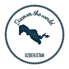 Vintage discover the world rubber stamp with Uzbekistan map. Hipster style nautical postage stamp, with round rope border. Vector illustration.