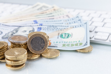 Finance background with money Euro, Dollar have graph analyzing finance market. Finance concept.