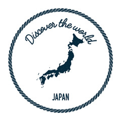 Vintage discover the world rubber stamp with Japan map. Hipster style nautical postage stamp, with round rope border. Vector illustration.