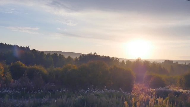 beautiful scenery at dawn from a moving train