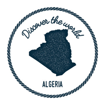 Vintage discover the world rubber stamp with Algeria map. Hipster style nautical postage stamp, with round rope border. Vector illustration.