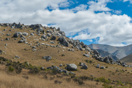 Weird landscape of Castle Hill in Southern Alps, Arthur's Pass, South Island of New Zealand
