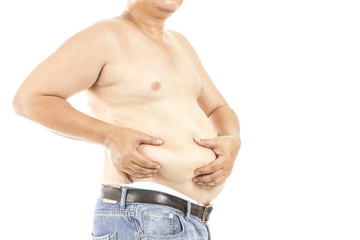 Naklejka premium Obesity caused by eating hamburgers and soft drinks containing sugar and starch content than the body needs. Caused by various diseases. And seemed to wear due to excessive weig