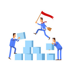 Teamwork - concept business vector flat illustration. Business Team Builds a Ladder of Success. Business Strategy, Achievement, Leadership.
