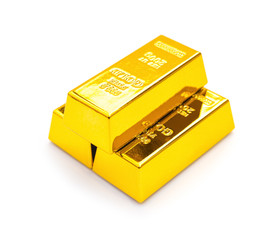 three pieces of gold bar on a white background