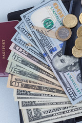 Fototapeta premium Wallet, money dollars, Euros and credit card isolated in finance concept. 