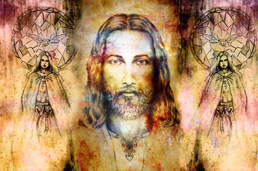 Fototapeta na wymiar Jesus and beautiful angel being with dove and sprig, spiritual concept. Jesus face in cosmic space.
