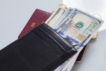 Wallet, money dollars, Euros with passport for travel trip and isolated on white background.