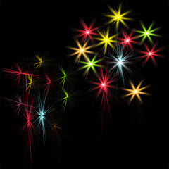 Naklejka premium Festive patterned firework bursting in various shapes sparkling pictograms set against black background abstract isolated illustration