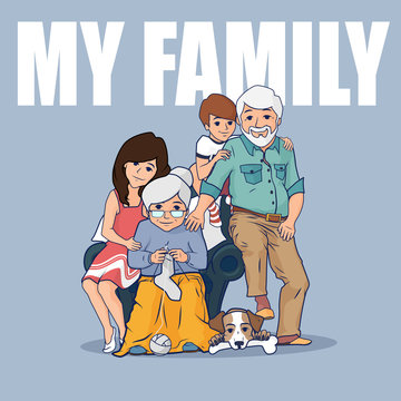 Grandparents and children sitting together. Grandparents with boy and girl hugging each other. Cute granny and grandpa with two children. Old parents and children in the comfort of your home.