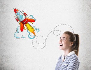 Woman and colorful rocket sketch